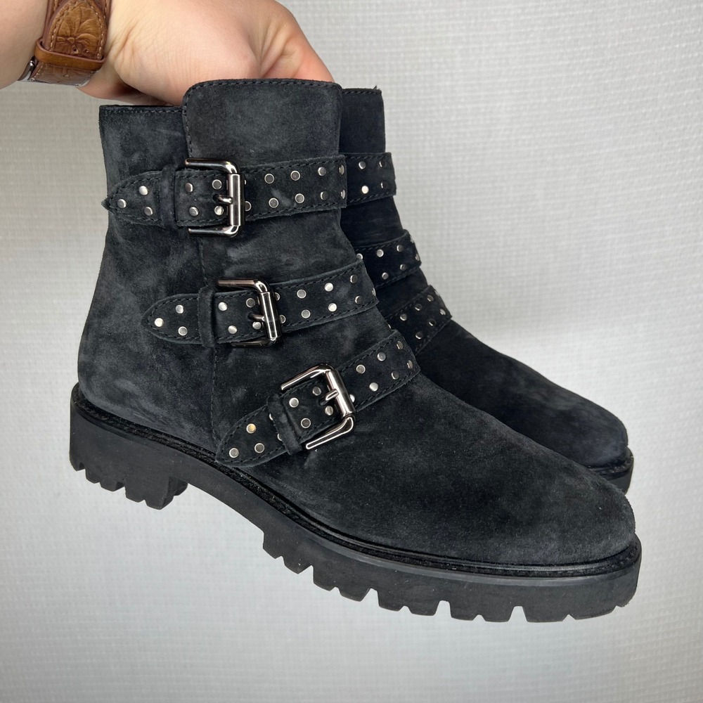 M.Gemi Black Suede Studded Triple Buckle Moto Boots Made in Italy Size 38